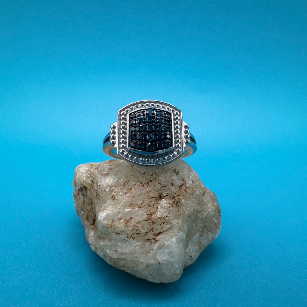 Platinum Silver Ring With Blue Diamonds